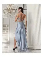 Önden Yırtmaçlı Dantelll Saten Kuyruklu Gecelik Takımı İmaj 3206 Mavi farklı açı