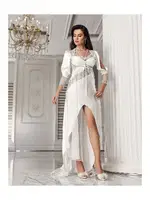 Dantelli Saten Sırt Dekolteli Yırtmaçlı Gecelik Takımı İmaj 3206 Ekru