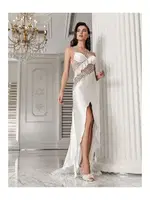 Dantelli Saten Sırt Dekolteli Yırtmaçlı Gecelik Takımı İmaj 3206 Ekru detay görünüm