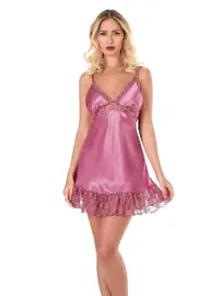 Ahu Lingerie Dantel Etekli Gül Kurusu Kısa Saten Gecelik Ahu Primoda 8141