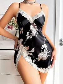 Pink Night Dantel Kenarlı Çiçekli Siyah Erotik Kadın Gecelik Pink Night 3724