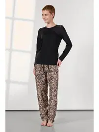 Doreanse Dantel Omuz Detaylı Leopar Siyah Kadın Pijama Takımı Doreanse 25K4038