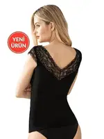 Dantel Sırt Detaylı Ring Viskon Esnek Yumuşak V Yaka Kadın Atlet Özkan 26977  Siyah