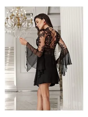 İmaj Dantel Sırtı Biye Bağlamalı 2'li Kadın Saten Fantazi Transparan Gecelik Takımı İmaj 3205