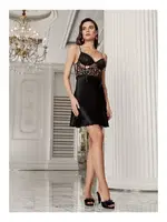 Dantel Sırtı Biye Bağlamalı 2'li Kadın Saten Fantazi Transparan Gecelik Takımı İmaj 3205 Siyah farklı açı