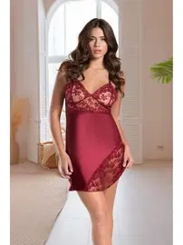 İzabel Dantel Tül Dekolteli Saten Bordo Gecelik İzabel 11008