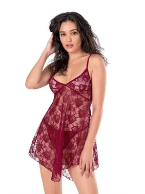 Ahu Lingerie Dantel TÜllü Bordo Kısa Tül Gecelik Ahu Lingerie Primoda 4115