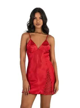 Ahu Lingerie Dantel Yırtmaçlı Kırmızı Kısa Saten Gecelik Ahu Primoda 8234