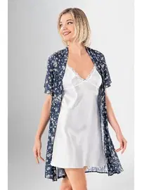 Ahu Lingerie Dantelli 2Li Kısa Çiçekli Gecelik Sabahlık Takımı Ahu Loriva 1958