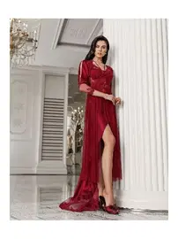 İmaj Dantelli Bordo Kuyruklu Saten Gecelik Takımı İmaj 3206