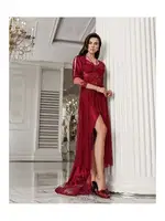 Dantelli Bordo Kuyruklu Saten Gecelik Takımı İmaj 3206 Bordo