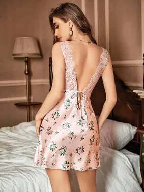 Pink Night Dantelli Pembe Çiçekli Saten Erotik Gecelik Pink Night 3717 - Alternatif Görünüm