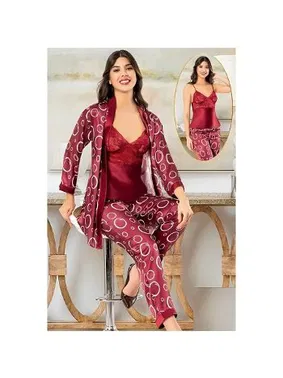 XSES Dantelli Daire Desenli Saten Empirme Sabahlık Pijama Çeyiz Seti XSES 2152