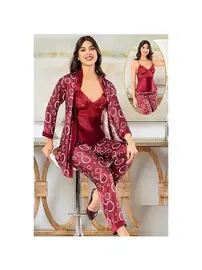 XSES Dantelli Daire Desenli Saten Empirme Sabahlık Pijama Çeyiz Seti XSES 2152