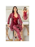 Dantelli Daire Desenli Saten Empirme Sabahlık Pijama Çeyiz Seti XSES 2152 Bordo