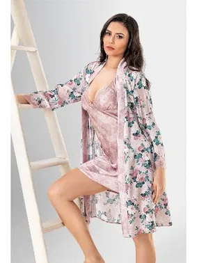 Ahu Lingerie Dantelli Desenli 2Li Kısa Sabahlık Gecelik Takımı Ahu Loriva 1922
