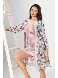 Ahu Lingerie Dantelli Desenli 2Li Kısa Sabahlık Gecelik Takımı Ahu Loriva 1922
