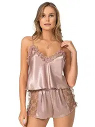 Ahu Lingerie Dantelli Fırfırlı Vizon Saten Babydoll Şort Takımı Ahu Primoda 9065