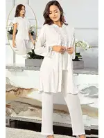 Dantelli Kadın Hamile Lohusa Sabahlıklı Pijama Takım XSES 4750 Ekru