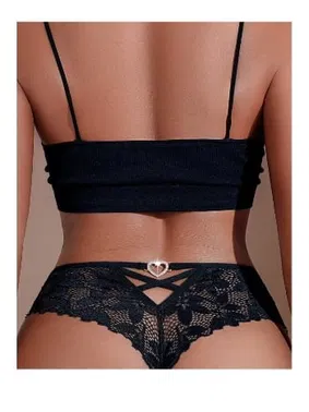 Lily Bianca Dantelli Kalp Detaylı Seksi Kadın Külot Siyah