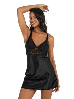 Ahu Lingerie Dantelli Kısa Saten Gecelik Siyah Ahu Primoda 8230