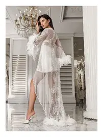 İmaj Dantelli Kolları Tüylü 2li Fantezi Saten Mini Gecelik Takımı İmaj 3203