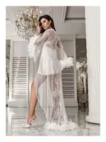 Dantelli Kolları Tüylü 2li Fantezi Saten Mini Gecelik Takımı İmaj 3203 Ekru