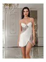 Dantelli Kolları Tüylü 2li Fantezi Saten Mini Gecelik Takımı İmaj 3203 Ekru detay görünüm