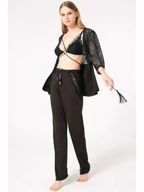 Anıl Dantelli Sabahlık Balensiz Desteksiz Dolgusuz Yaka Detaylı Sütyen ve Pantolon Pijama 3'lü Takım Anıl 5698