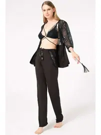 Anıl Dantelli Sabahlık Balensiz Desteksiz Dolgusuz Yaka Detaylı Sütyen ve Pantolon Pijama 3'lü Takım Anıl 5698