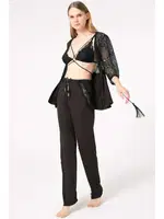 Dantelli Sabahlık Balensiz Desteksiz Dolgusuz Yaka Detaylı Sütyen ve Pantolon Pijama 3'lü Takım Anıl 5698 Siyah