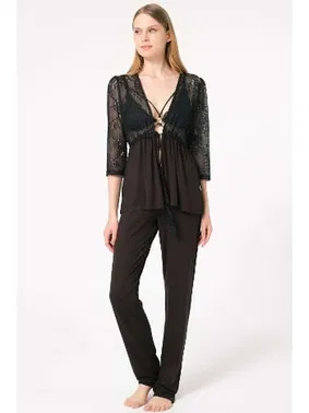 Anıl Dantelli Sabahlık Balensiz Desteksiz Dolgusuz Yaka Detaylı Sütyen ve Pantolon Pijama 3'lü Takım Anıl 5698 - Alternatif Görünüm