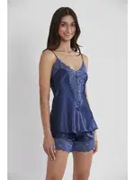 Dantelli Saten İnce Askılı V Yaka Şort Babydoll Takım Pierre Cardin 430  Lacivert görsel 13