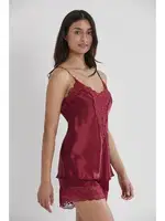 Dantelli Saten İnce Askılı V Yaka Şort Babydoll Takım Pierre Cardin 430  Bordo farklı açı