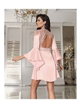 İmaj Dantelli Sırtı Püsküllü 2'li Mini Pudra Saten Kadın Gecelik Takımı İmaj 3200