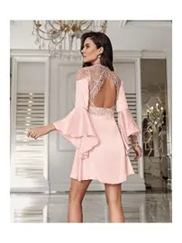 İmaj Dantelli Sırtı Püsküllü 2'li Mini Pudra Saten Kadın Gecelik Takımı İmaj 3200