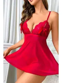 Ruselin Dantelli Tül Kırmızı Seksi Fantezi Gecelik Ruselin 2097