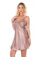 Dantelli Vizon Kısa Saten Gecelik Ahu Primoda 8128 Vizon