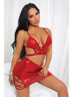 Dekolteli Fantezi Lame Deri Elbise Phevos 011-008045 Kırmızı