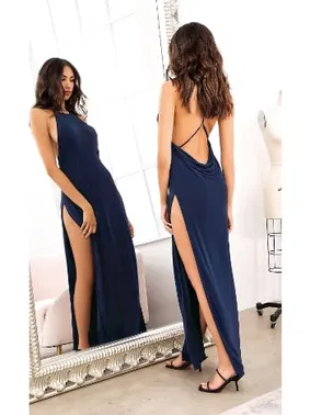 Pink Night Dekolteli Yırtmaçlı Lacivert Seksi Uzun Kadın Elbise Pink Night 5577