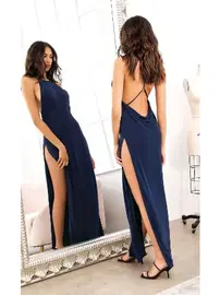 Pink Night Dekolteli Yırtmaçlı Lacivert Seksi Uzun Kadın Elbise Pink Night 5577