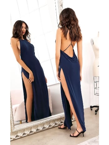 Dekolteli Yırtmaçlı Lacivert Seksi Uzun Kadın Elbise Pink Night 5577