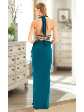 Pink Night Derin Göğüs Dekolteli Yeşil Uzun Kadın Seksi Elbise Pink Night 5584 - Alternatif Görünüm