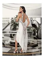 Derin Yırtmaçlı Asimetrik Kesim 2li Saten Gecelik Takım İmaj 4202 Ekru detay görünüm