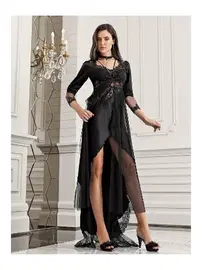 İmaj Derin Yırtmaçlı Dantelli Uzun Saten Gecelik Takımı İmaj 3206