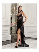 Derin Yırtmaçlı Dantelli Uzun Saten Gecelik Takımı İmaj 3206 Siyah detay görünüm