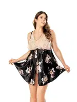 Derin Yırtmaçlı Dantelli Etek Kısmı Çiçekli Fantazi Büyük Beden Gecelik Nightlight 3557 Siyah
