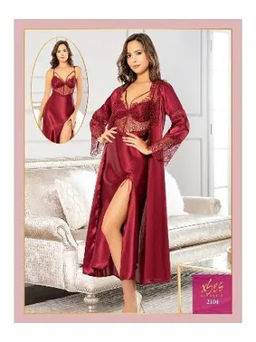 XSES Derin Yırtmaçlı Saten Gecelik Sabahlık Çeyiz Seti XSES 2104