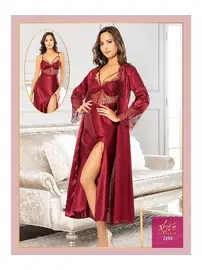 XSES Derin Yırtmaçlı Saten Gecelik Sabahlık Çeyiz Seti XSES 2104