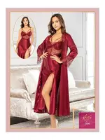 Derin Yırtmaçlı Saten Gecelik Sabahlık Çeyiz Seti XSES 2104 Bordo